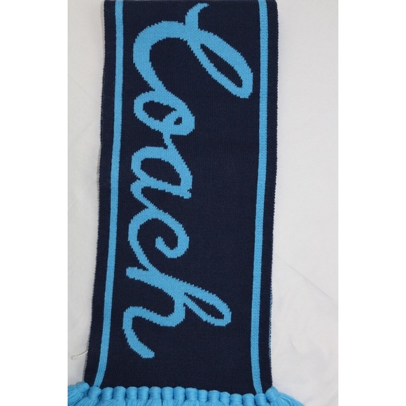 COACH Varsity Logo Wool  & Acrylic Knit Deep Blue Two Tone Fringe Long Scarf - Picture 2 of 9
